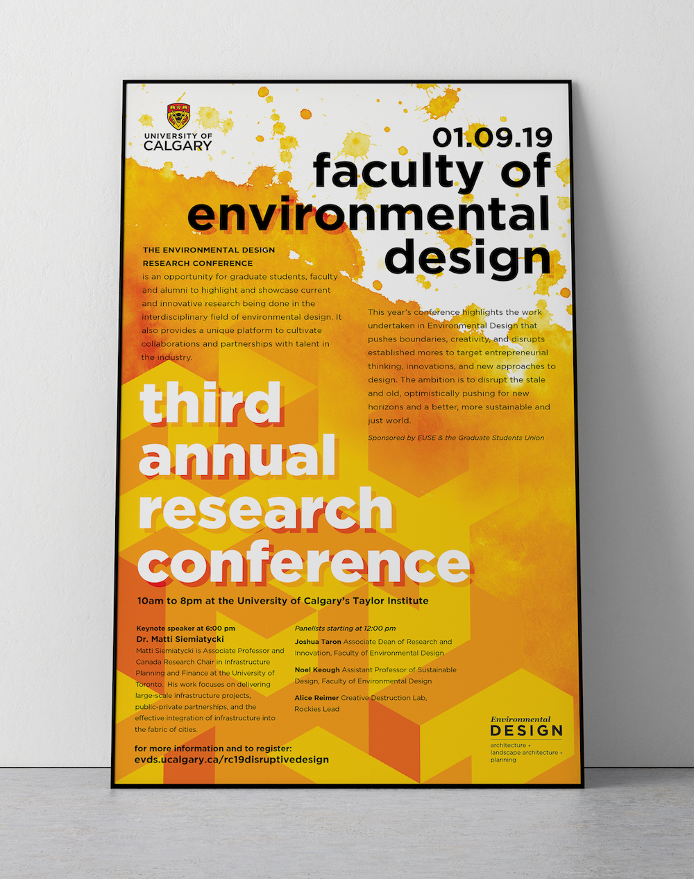 Yellow and orange poster for the Faculty of Environmental Design's Third Annual Research Conference