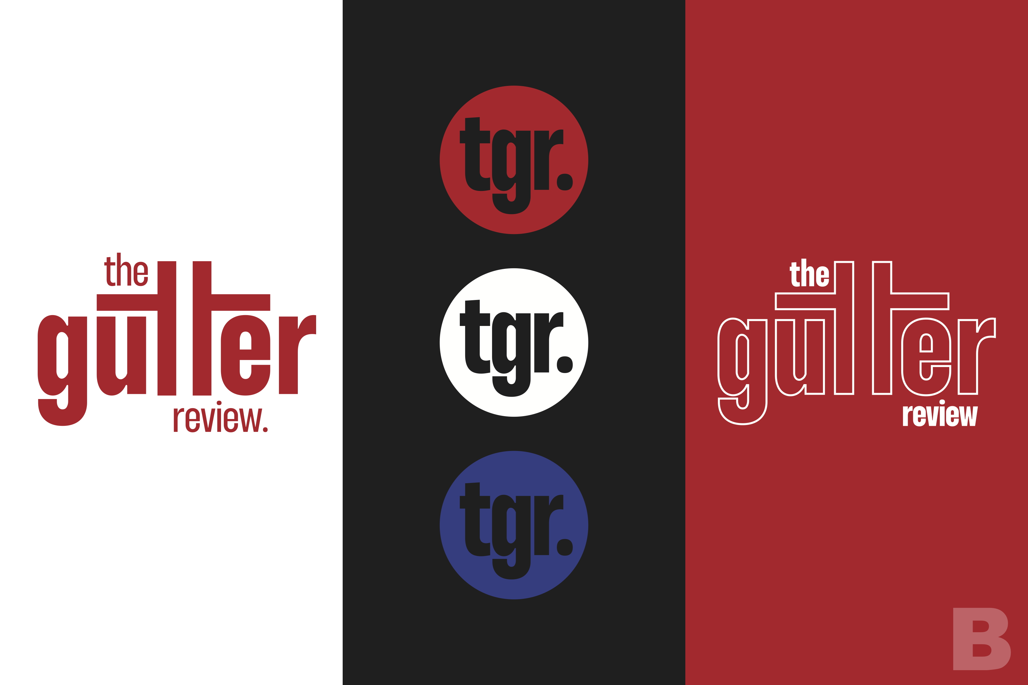 Three wordmark icons in red blue and white for The Gutter Review